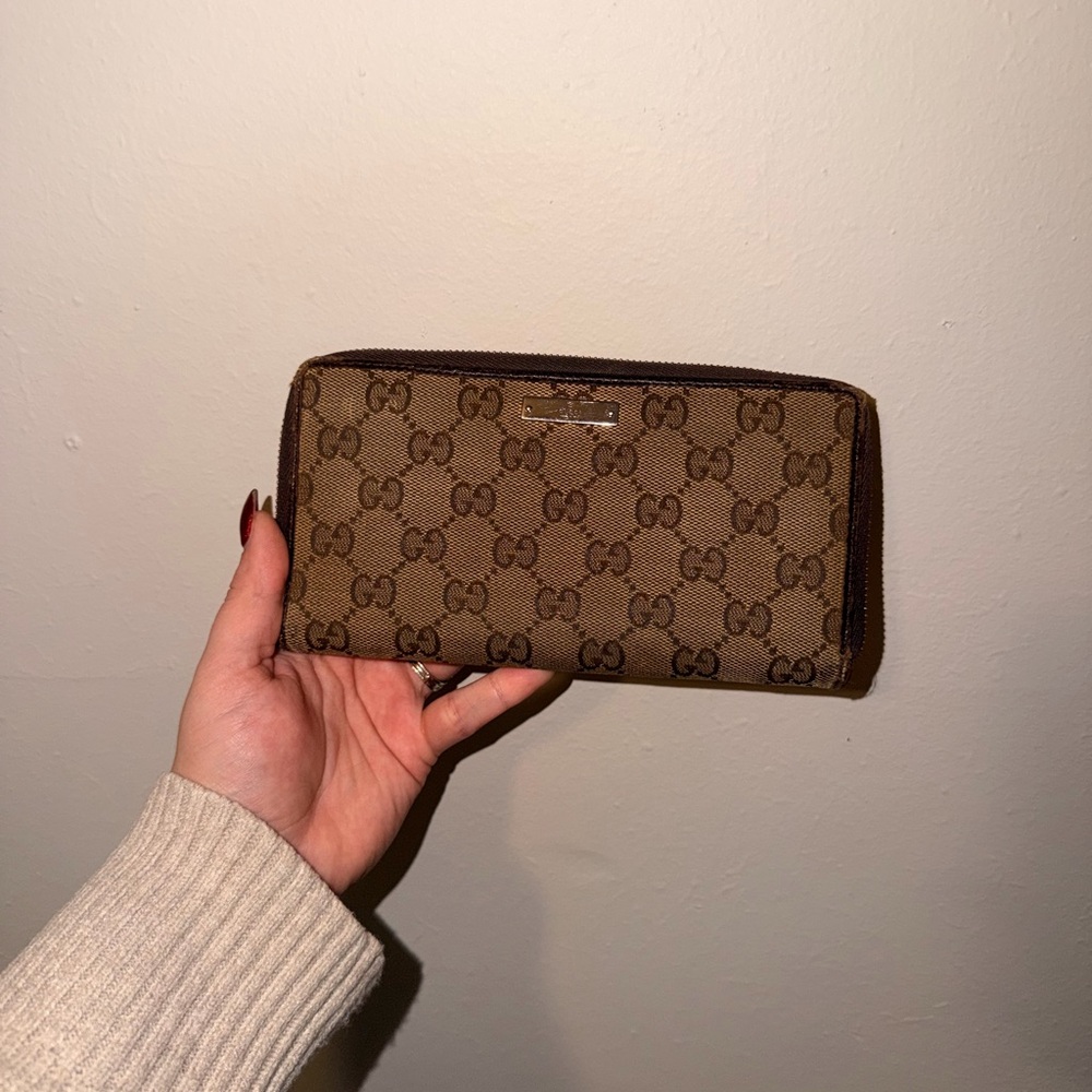 Gucci Tan and Brown GG Zip Long Wallet